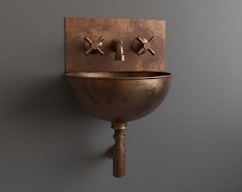 Handcrafted Copper Wall Mount Sink | Rustic Bathroom Basin | Vintage Industrial Vessel Sink | Farmhouse Bath
