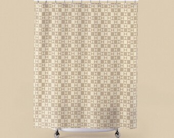 Neutral Geometric Tile Pattern Shower Curtain | Beige Checkerboard Stars