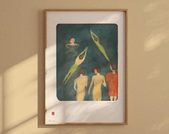 May include: Framed art print with an abstract watercolour painting of figures in a dark teal pool. Some figures are swimming, others are standing. The artwork is in a wooden frame and has the text "HESCI DESIGNS".
