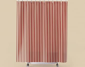 Red and Cream Vertical Stripes Shower Curtain | Retro Candy Cane Bathroom