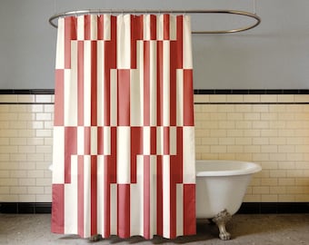Retro Geometric Stripe Shower Curtain | Red Ivory Vertical Blocks