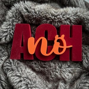 Könnte beinhalten: Rote, samtartige Buchstaben, die "ACH" buchstabieren, mit einem orangefarbenen, kursiven "no" in der Mitte, vor einem weichen, grauen Kunstfellhintergrund. Die Buchstaben sind dick und heben sich ab und erzeugen ein kühnes visuelles Statement.