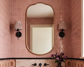 Espejo ovalado dorado, espejos de tocador de latón envejecido sin lacar, espejo de baño hecho a mano