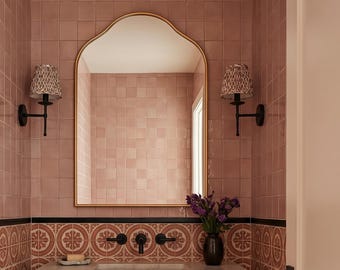 Espejo arqueado dorado, espejo de pared de latón antiguo, espejos de baño arqueados