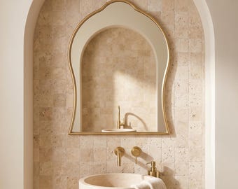 Espejo arqueado dorado, espejo de pared para baño a medida, espejos arqueados de latón antiguo sin lacar.