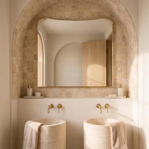 Espejo rectangular de latón hecho a mano, espejo de tocador moderno curvo,