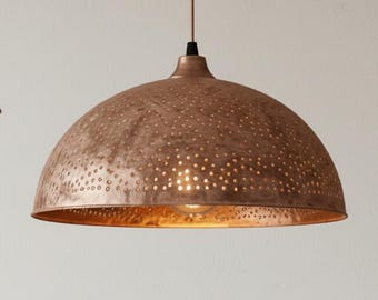 Copper Pendant Light | Perforated Dome Lamp | Kitchen Island Lighting | Hammered Copper Ceiling Light | Farmhouse Hanging Fixture