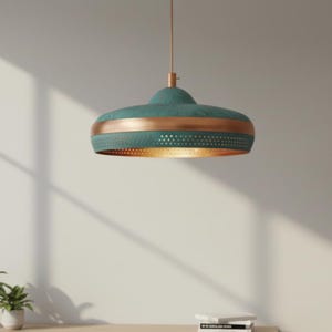 Verdigris Copper Pendant Light | Mid-Century Modern Kitchen Island Lamp | Perforated Teal Patina Chandelier