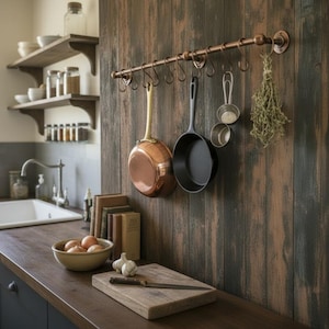 May include: A kitchen interior with a copper pan and black skillet suspended from a copper rail. A wooden worktop displays a bowl of eggs, a chopping board, and garlic. Wooden shelves hold jars and bowls, creating a rustic aesthetic.