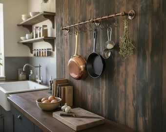 Solid Copper Kitchen Pot Rack - Wall Mount Brass Rod with Hanging Hooks - Premium Kitchen Rail Organization - Industrial Farmhouse Decor