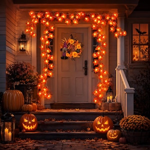 Puede incluir: Un porche decorado para el otoño con una guirnalda de luces de hojas de arce naranjas que enmarcan la puerta, una corona con un gnomo en la puerta y varias calabazas talladas y linternas colocadas en los escalones.