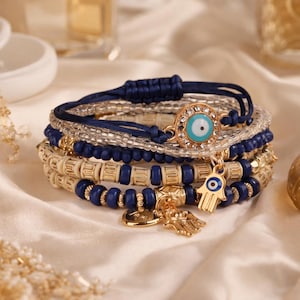 Conjunto de pulseras apilables con el símbolo del ojo turco para mujer | Joyería bohemia de protección con la mano Hamsa | Pulsera ajustable con cuentas, regalo para ella