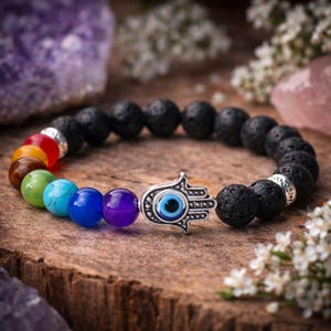 Hamsa onda ögat skyddsarmband | Chakra lavasten diffusor smycken | Bohemisk andlig energi helande gåva
