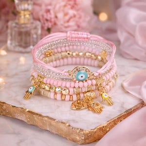 Evil Eye Beaded Stackable Bracelet Set | Hamsa Hand Protection Charm Jewelry | Boho Summer Beach Adjustable Cord