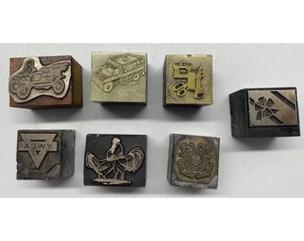 Vintage Letterpress Printing Blocks Lot of 7 Printer Cuts Auto USCG YMCA Rooster
