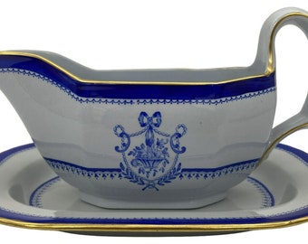 Spode Newburyport Y3053 Blue Gravy Boat & Underplate