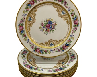 Set of 6 Charles Ahrenfeldt Limoges Luncheon Plates - Floral Gold Encrusted