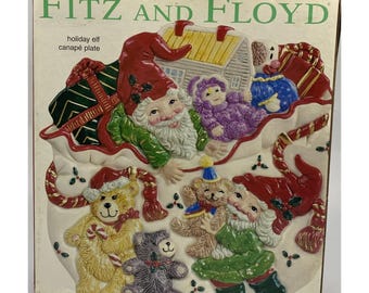 Fitz and Floyd Holiday Elf Canape Plate 2003 Christmas Ceramic Boxed 9.25