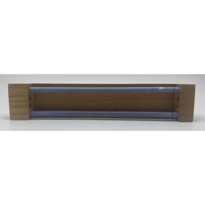 May include: A wooden shelf, rectangular in shape, featuring two parallel, pale blue rods. The shelf has a natural wood grain finish. The rods are evenly spaced within the shelf's interior, designed to hold items.