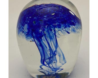 Art Glass Jellyfish Paperweight Oregon Coast Taft 2015 Hand Blown Blue