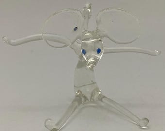 Vintage Hand Blown Clear Art Glass Mouse Figurine Blue Eyes