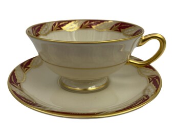 Lenox Bellevue Maroon P-524-R Cup & Saucer Set, Very Good Condition