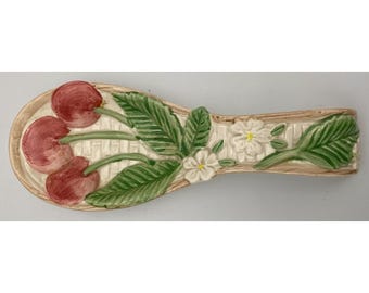 Vintage 1990 Fitz & Floyd Ceramic Spoon Rest - Cherries and Blossoms - 8.5"