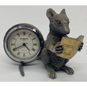 Waterford Crystal Mouse Reading Book Quartz Desk Clock Pewter Figurine
