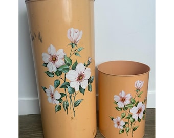 Vintage Decoware Metal Laundry Hamper Wastebasket Set Floral Peach Mid Century