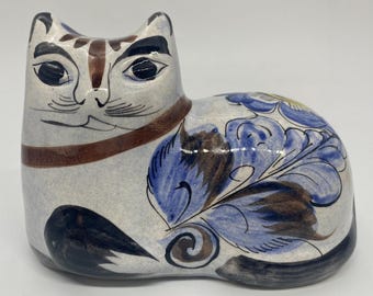 Tonala Blue Floral Cat Figurine Hand Painted Mexican Folk Art Pottery Mexico