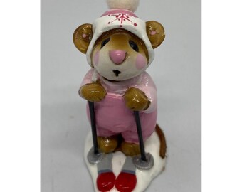 Wee Forest Folk MS-09 Skier Mouse Miniature Figurine Pink Ski Outfit