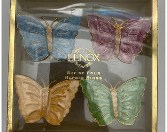 Lenox Butterfly Napkin Rings Set 4 Enamel Gold Tone Original Box