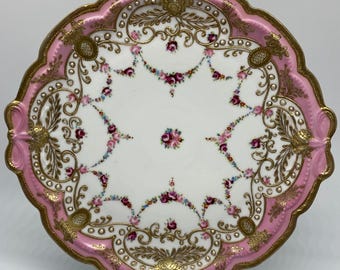 Antique Noritake Nippon RC Hand Painted Encrusted Gold Pink Rose 10" Cake Plate