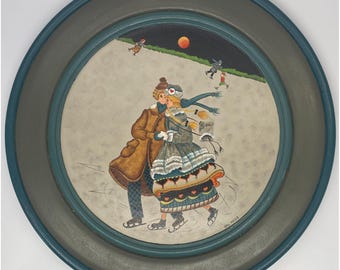 Gail Meyer Hand Painted Folk Art Ice Skating Wooden Plate Wall Plaque