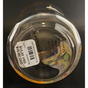 K&ouml;nnte beinhalten: Klares Trinkglas von Anthropologie mit farbenfrohem Design im Inneren. Das Glas hat eine gebogene Form und einen Aufkleber mit Markennamen und Pflegehinweisen. Nur von Hand waschen und nicht in der Mikrowelle verwenden.