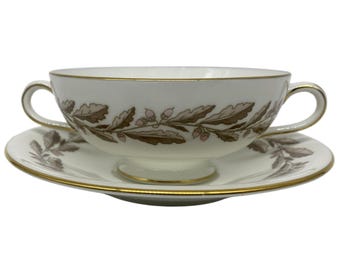 S642 Elizabethan Oak Brown Cream Soup Bowl & Saucer by Minton