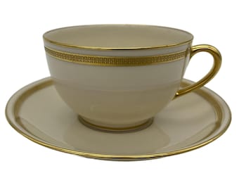 Lenox J53 Ivory Gold Encrusted Band Cup & Saucer Set, Very Good Condition