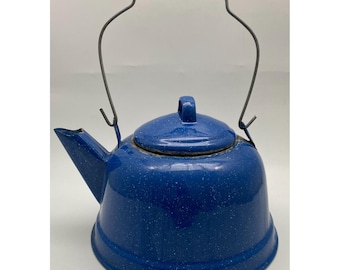 Vintage Blue Granite Speckle Enamelware Tea Pot Kettle Cowboy Camping Decor 9"