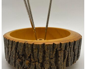 Vintage Live Edge Wooden Nut Bowl with Bark Crust & 3 Metal Picks 7"