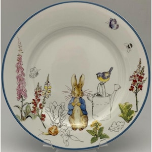 Beatrix Potter Peter Rabbit Dinner Plate 10.5" Garden Scene Blue Trim