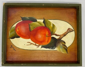 Gail Meyer 1981 Hand Painted Apples Folk Art Wooden Wall Plaque Tray