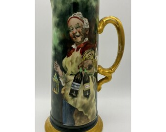 Vintage Jean Pouyat Limoges Pitcher 13.25" French Porcelain Wein Bier Quote