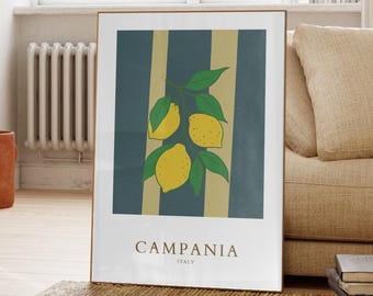 Campania Italy Travel Poster, Amalfi Lemon Print, Mediterranean Wall Art, Coastal Kitchen Decor, Italian Fruit Art, Amalfi Coast Gift