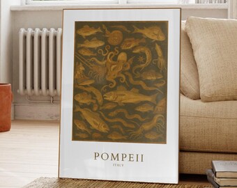 Pompeii Italy Poster, Ancient Roman Marine Mosaic Art Print, Sea Life Wall Decor, Archaeological Art, Vintage Italy Poster