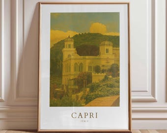 Capri Italy Travel Poster, Mediterranean Villa Print, Amalfi Coast Wall Art, Coastal Italy Digital Download, Vintage Capri Illustration