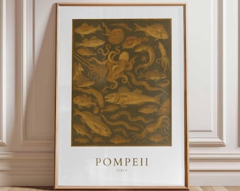 Pompeii Marine Mosaic Print, Ancient Roman Sea Life Wall Art, Mediterranean Octopus & Fish Illustration, Archaeology Home Decor, Vintage