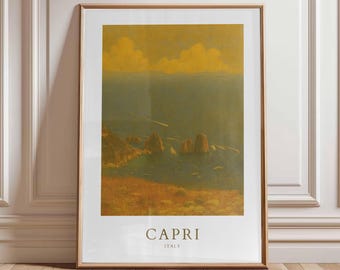 Capri Italy Poster, Faraglioni Rocks Print, Capri Coastline Wall Art, Mediterranean Sea View Illustration, Vintage Italian Travel Décor
