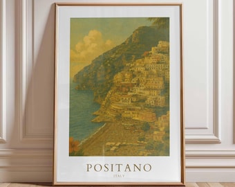 Positano Italy Travel Poster, Amalfi Coast Print, Mediterranean Wall Art, Coastal Italy Digital Download, Vintage Italian Travel Print
