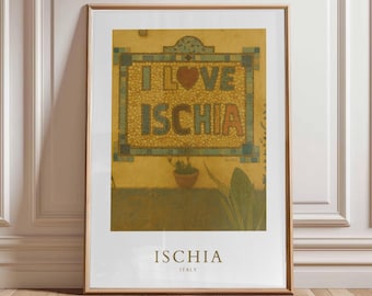J'aime l'impression de mosaïque d'Ischia, affiche d'art de carreau d'Italie vintage, décoration murale méditerranéenne, illustration de voyage italien rétro