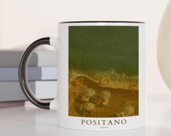 Mok Positano Italië, koffiekopje Amalfikust 11oz, mediterrane reiscadeau mok, koffiemok luchtfoto kustlandschap, natuur Italiaans cadeau